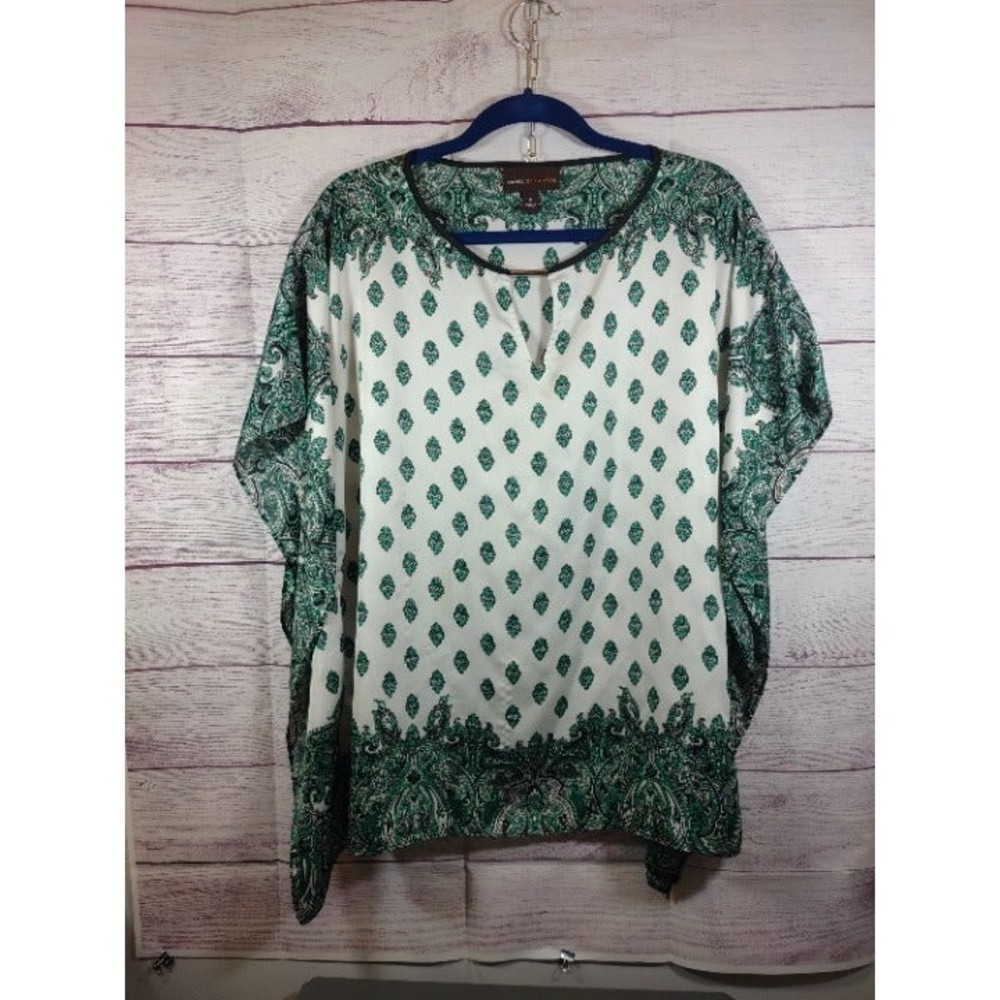 Dana Buchman Green/White/Black Batwing Paisley Print, Kaftan Top, Size M